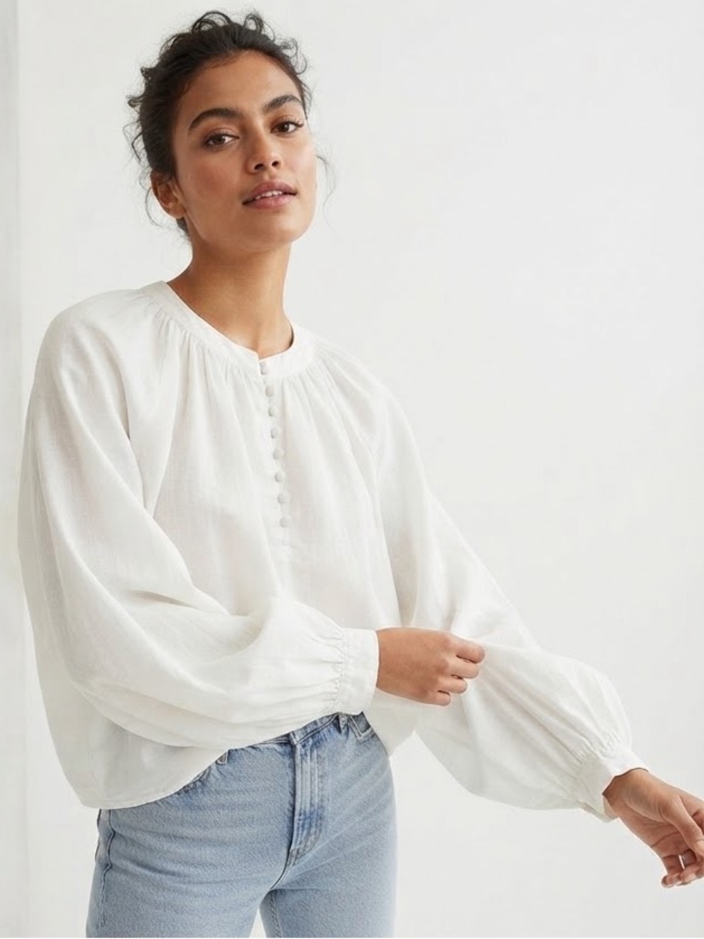 White Cotton Balloon Sleeve Blouse Chalie Henley Pleated Peasant Top Size 10